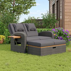 Tuinligstoelset voor 2 personen, grijs rotan, verstelbare rugleuning, steunpoot, te gebruiken met voetenbankje of als buitenbed, met rugkussen en zitkussen