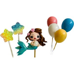 Luna Balunas Zeemeermin Taarttopper Parel - Cake Decoratie Feestversiering - Mermaid verjaardag met gekleurde ballonnen en sterren
