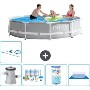 Intex Rond Prism Frame Zwembad - 305 x 76 cm - Grijs - Inclusief Pomp Onderhoudspakket - Filter - Grondzeil - Schoonmaakset - Solar Mat