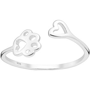 Joy|S - Zilveren hartje dierenpoot ring - verstelbaar (maat M: zie omschijving) - hart poot afdruk aanschuifring - type 6