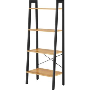 Ladderplank, 4-laags boekenplank, boekenkast, voor woonkamer, slaapkamer, keuken, thuiskantoor, industri�ële stijl, stalen frame, honingbruin en zwart LLS044B05