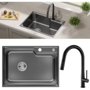 Auralum max 62X45CM Spoelbakken Keuken - Met keukenkraan met uittrekbare uitloop - Spoelbak Keuken - Spoelbakken Keuken - Wasbak Keuken - Enkele spoelbak - Spoelbakken met afdruip - Antraciet