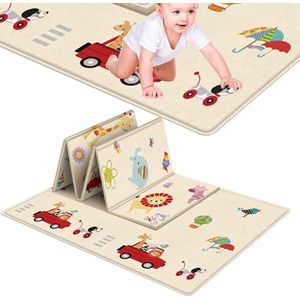 Speelmat Dieren en Auto's - Speelkleed - Speelmat Baby - Speelkleed Baby - Speelmat Foam - 100 x 180 cm - Opvouwbaar - Inclusief Opbergtas - Beige