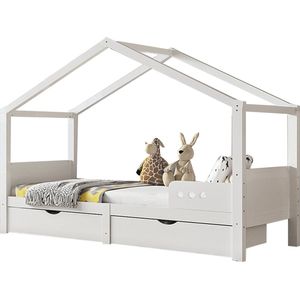 Merax Kinderbed 90x200 cm - Eenpersoonsbed met 2 Lades - Houten Bed met Uitvalbeveiliging - Wit