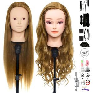 24"" Bruin Trainingshoofd met 50% Echte Menselijke Haar - Cosmetologie Mannequin Doll met Make-up Functie + Haarstyling Vlecht Set + Gratis Klem