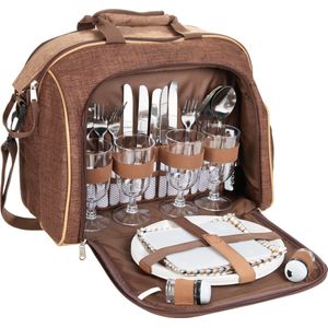 BRUBAKER Picknicktas voor 4 personen met koelvak - draagbaar als duffeltas of schoudertas - bruin - 38 × 30 x 21,5 cm