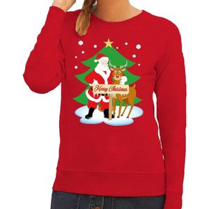 Foute kersttrui / sweater met de kerstman en rendier Rudolf rood voor dames - Kersttruien S