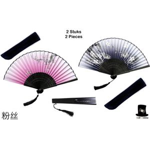 Bob Online – 2 Stuks – 1 x Grijze + 1 x Roze Bloemen Bamboehandwaaier - Bamboe Opvouwbare Handwaaier – Chinese Handwaaiers – Grey & Pink Bamboo Hand Fans – Houten Handwaaiers – Feest Decoratieve Handwaaiers – Cadeau Setje – Gift Set