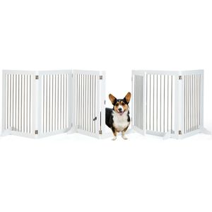 COSTWAY Afsluitrooster voor honden, 6-delig, vrijstaand hondenhek met deur en 4 steunpoten, 80 cm hoog, inklapbaar beschermingsrooster, traprooster van hout en roestvrij staal, voor open haard of