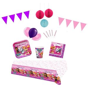 Nickelodeon - Paw Patrol Feestpakket Deluxe - Roze - Meisjes - Feestartikelen kinderfeest voor 8 kinderen - Slingers - Ballonnen - Versiering - Letterslinger - Bekers - Bordjes - Servetten - Tafelkleed - Kaarsjes – Vlaggenlijn
