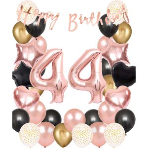 Snoes Ballonnen 44 Jaar Set Mega Rose Black Zwart Ballonen set - Compleet Feestpakket Cijferballon 44 Jaar - Verjaardag Versiering Slinger Happy Birthday – Folieballon – Latex Ballonnen - Helium Ballonnen