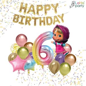 LoHa party® Masha en de beer Thema Folie ballonnen set-XXL folie ballon cijfer 6-ster folie ballon-roze-kleurijke-regenboog-Helium ballonnen-Slinger-Verjaardag versiering-feestpakket-Verjaardag decotatie-Regenboog ballonnen-40inch