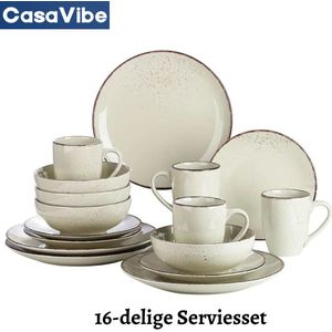 CasaVibe Luxe Serviesset – 16 delig – 4 persoons – Porselein - Bordenset – Dinner platen – Dessertborden - Kommen - Mokken - Set - Navia - Beige - Complete Set