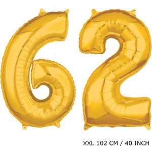 Mega grote XXL gouden folie ballon cijfer 62 jaar.  leeftijd verjaardag 62 jaar. 102 cm 40 inch. Met rietje om ballonnen mee op te blazen.