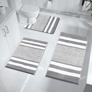 Badkamertapijtset 3-delig Wasbare antislipbadmat Toiletmat Zacht absorberend Badkamertapijt en toiletmat met uitsparing Microvezel douchemat Lichtgrijs