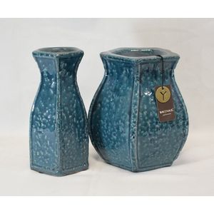 Brynxz - 2 stuks - vazen - vaas - blauw - petrol - vintage - aardewerk - 1: 18x12x12 cm - 2: 18x8x8 cm