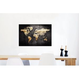 Wanddecoratie Metaal - Aluminium Schilderij Industrieel - Wereldkaart - Goud - Zwart - 90x60 cm - Dibond - Foto op aluminium - Industriële muurdecoratie - Voor de woonkamer/slaapkamer