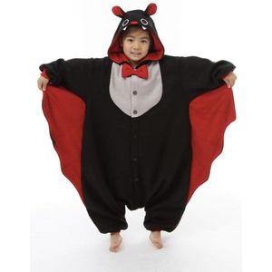 KIMU Onesie Vleermuis Pak - Maat 146-152 - Vleermuispak Kostuum Zwart Rood Bat - Kinder Jumpsuit Pyjama Halloween Jongen Meisje Huispak Festival