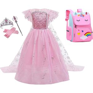 Schooltas Meisje - Prinsessenjurk Meisje - Luxe Verkleedjurk - maat 110/116 (120) - Eenhoorn Schooltas - Unicorn Rugzak - Verkleedkleren Meisje - Prinsessen Verkleedkleding - Prinsessenkroon - Cadeau meisje - Toverstaf