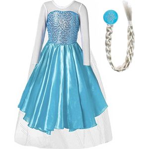 Het Betere Merk - Prinsessenjurk meisje - Elsa jurk - Lange Sleep - Carnavalskleding kinderen - Prinsessen Verkleedkleding - 128/134 (140) - Haarvlecht - Cadeau meisje - Prinsessen speelgoed - Verjaardag meisje