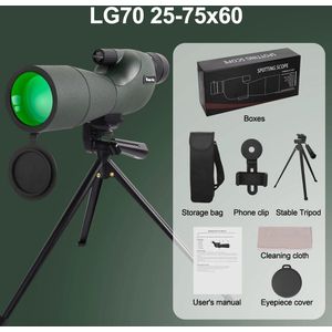 TX Store - 25-75X60 Zoom Spotting Scope Ed Lens Krachtige Monoculaire Bak4 Prisma Telescoop Voor Outdoor Camping Bird Watching Shooting - Telescoop - Met statief - Met telefoonclip - Met draagtas - Met schoonmaakdoek - Groen