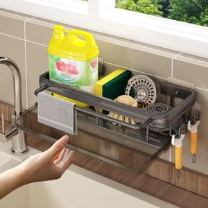 Spoelbak-organizer sponshouder zwart roestvrij staal met afvoerpan - geen boren nodig Sink organizer