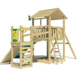 Jungle Gym speeltoestel van grenen hout - Jungle Summit met donkergroene glijbaan - Tuin speeltoestel voor buiten met zandbak, schommel en klimhelling