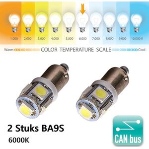 2 stuks Autolampen BA9S T11 T4W - 5 SMD Led Signal Light - 12V - Knipperlicht - 3030SMD Bright White - 6000k