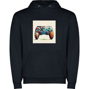 Donker Blauwe unisex hoodie met “ Kleurrijke Game Controller“ Print Full Color merk Roly maat 104 3/4 jaar