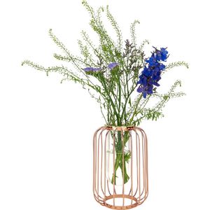 QUVIO Vaas met spijlen - Vazen -Decoratieve accessoires - Glas - Metaal - Droogbloemen vaas - Roségoud en transparant - 16 x 16 x 22,5 cm (lxbxh)