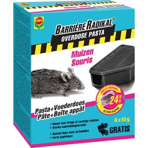Barriere Radikal Overdose Pasta 24H Muizen - droge en vochtige ruimtes - snelle werking 24 uur - met voederdozen - 8 x 10 g