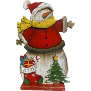 Kersthuisjebestellen - Houten Staande Sneeuwman decoratie - Sneeuwpop dekoratie - H=32cm