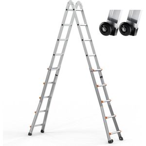 19 Ft Telescopische Ladder met A-Frame, Compacte Aluminium Uitschuifladder, Multifunctionele Opvouwbare Autoladder voor Thuis, Op Trappen, Binnen/Buiten, Belastbaar Tot 330 Kg, Zilver