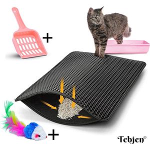 TEBJEN Kattenbakmat – Kattenbak Mat Grit Opvanger - Schoonloop Katten mat – Dubbele Waterdichte Laag – Uitloopmat Kattenbak – Kattenbak Accessoires - Met Speelgoedmuisje En Schepje - Zwart - 45cm * 60cm