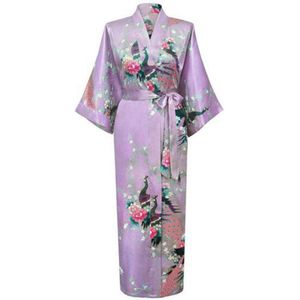 KIMU® Kimono Lila Maxi - Maat S-M - Yukata Satijn Lang - Lange Lichtpaars Ochtendjas Japanse Kamerjas Sexy Satijnen Badjas Geisha Pauwen Lang Vest Festival