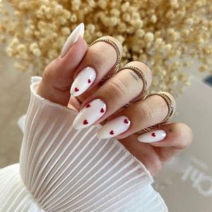 24 Stuks Witte Press-On Nagels met Franse Tip en Hartdesign - Amandelvormig, Herbruikbaar, Volledige Dekking