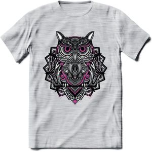 Uil - Dieren Mandala T-Shirt | Roze | Grappig Verjaardag Zentangle Dierenkop Cadeau Shirt | Dames - Heren - Unisex | Wildlife Tshirt Kleding Kado | - Licht Grijs - Gemaleerd - M