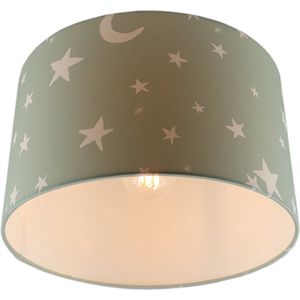 Olucia Stars - Kinderkamer plafondlamp - Stof - Wit;Groen - Cilinder - 30 cm