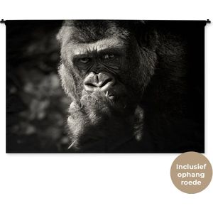 Wandkleed Close-up Dieren in Zwart-Wit - Gorilla op zwarte achtergrond in zwart-wit Wandkleed katoen 180x120 cm - Wandtapijt met foto XXL / Groot formaat!