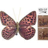 3x Decoratie vlinders op clip rood/bruin/goud 10 cm - decoratie vlinders
