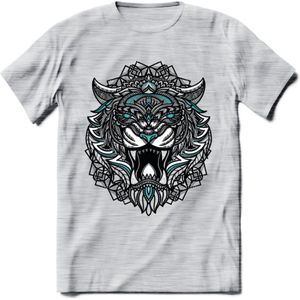 Tijger - Dieren Mandala T-Shirt | Lichtblauw | Grappig Verjaardag Zentangle Dierenkop Cadeau Shirt | Dames - Heren - Unisex | Wildlife Tshirt Kleding Kado | - Licht Grijs - Gemaleerd - 3XL