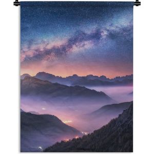 Wandkleed - Wanddoek - Bergen - Sterrenhemel - Mist - 90x120 cm - Wandtapijt