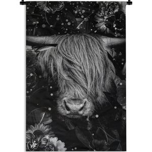Wandkleed - Wanddoek - Botanische Schotse hooglander met lichtbollen tegen donkere achtergrond - zwart wit - 90x135 cm - Wandtapijt