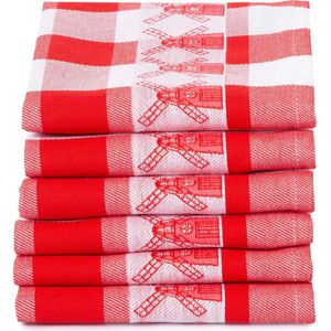 Twentse Damast Keuken Handdoeken - Hollandse Designs - Katoen - Theedoeken Set - 6 stuks - 60x65 cm - Molen Rood