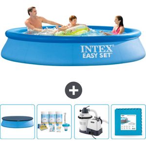 Intex Rond Opblaasbaar Easy Set Zwembad - 305 x 61 cm - Blauw - Inclusief Afdekzeil - Onderhoudspakket - Zwembadfilterpomp - Vloertegels