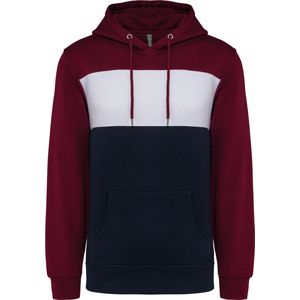 Driekleurige unisex hoodie met capuchon merk Kariban Wine/Wit/Donkerblauw - M