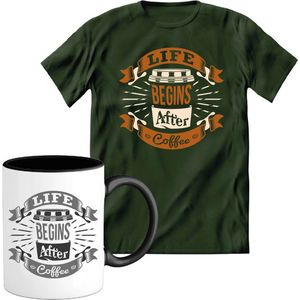 T-Shirtknaller T-Shirt met Koffiemok | Life Begins After Coffee - Koffie Kleding | Heren / Dames Shirt met Mok Cadeau | Kleur groen | Maat XL