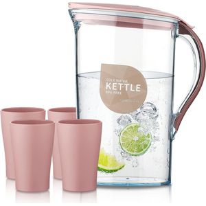 Waterkoker, met deksel en 4 kleine kopjes, geschikt voor thee, sap en koude dranken, 2.1L waterkoker, gemaakt van transparant PET, geurloze vezel plastic waterkoker, BPA vrij (rood)