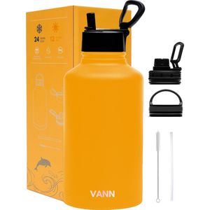 VANN® 3-Wandige waterfles 2 liter met rietje voor volwassenen – Met 5 accessoires – RVS waterjug 2L – Oranje