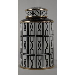 Home Design Keramiek stijlvolle vaas/pot M (28,5cm hoog) met deksel zwart/wit/goud